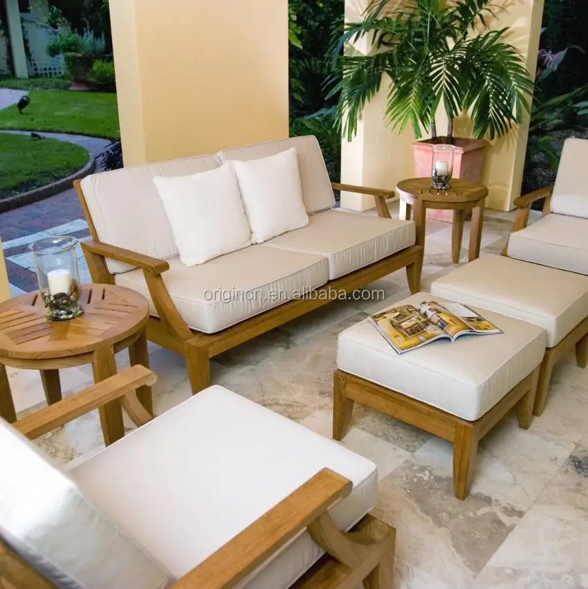 Personalizada de 4 plazas Villa Casa Terraza Sentado Muebles de exterior Mesa de madera de teca Sofá Sillas Juegos