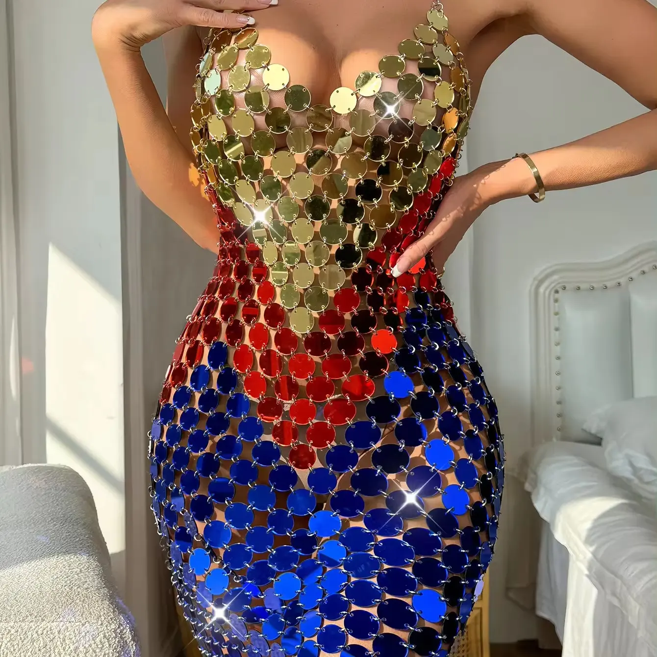 sexy spaghetti strap v-neck glitter backless dress see through sequin mini slim party club dress for women