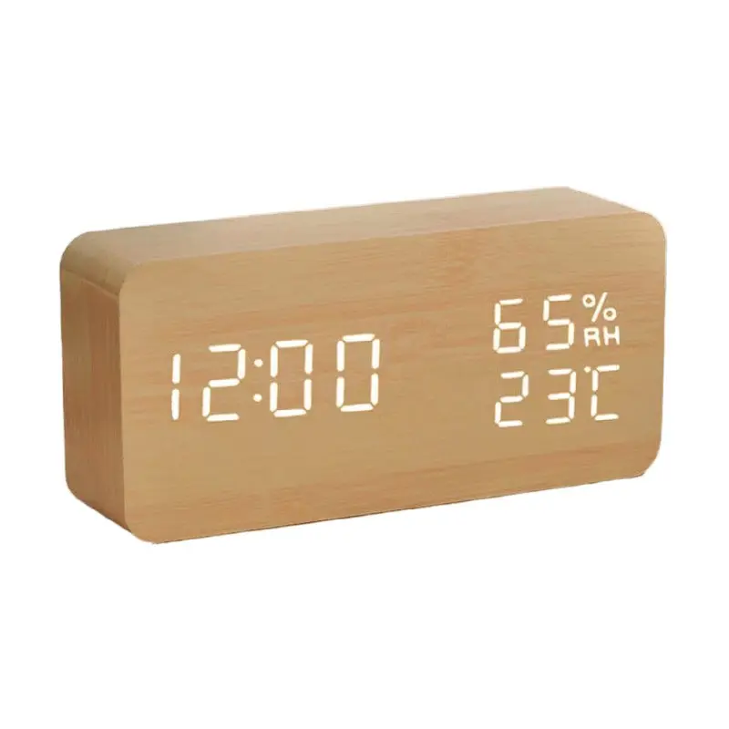 Reloj despertador Digital LED de madera para dormitorio, reloj de mesa inteligente con termómetro de fecha, humedad, 3 alarmas, pantalla LED, Control de sonido