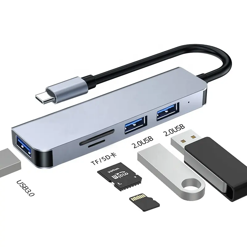 HUB 5 en 1 Tipo C de alta velocidad, divisor USB 3,0, adaptador multipuerto, puertos USB 2,0, lector de tarjetas SD TF, Compatible con ordenador MacBook