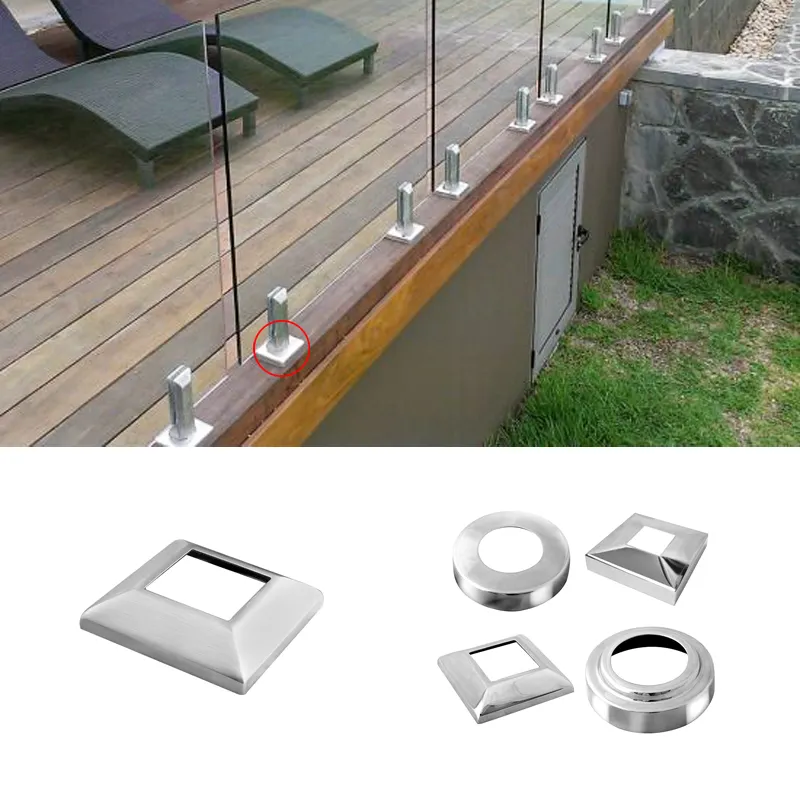 Square Stair 2 Inch Pipe Cover Balustrade 304 316 Stainless Steel Handrail Base Plate Cover Railing Post Base Covers