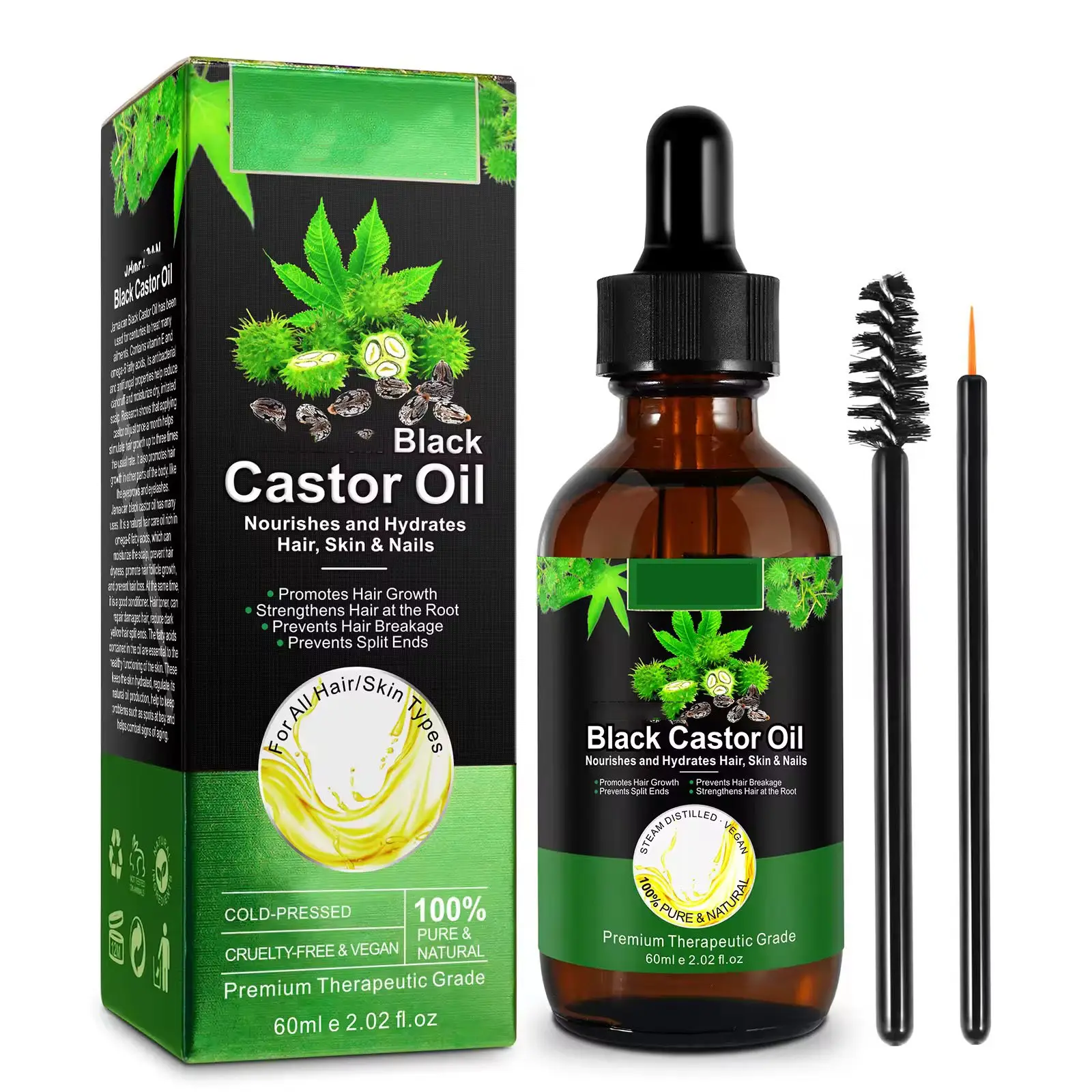 Aceite orgánico natural puro para el crecimiento del cabello 100%, cuidado de las cejas, cuidado de la piel, nutre los hidratos, aceite de ricino negro jamaicano en botellas de vidrio