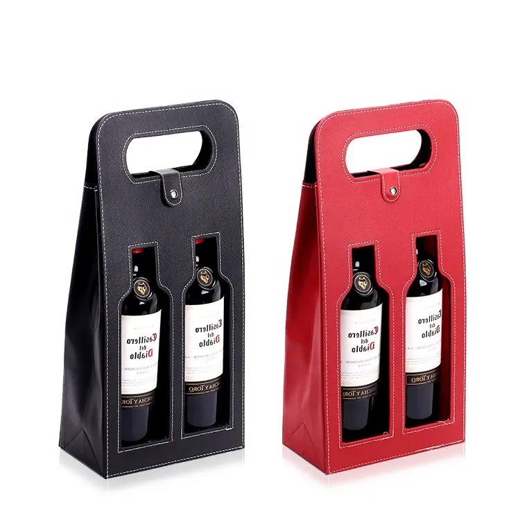 Venta al por mayor de lujo personalizado 2 botellas de cuero bolsa de vino con ventana Venta caliente de alta calidad vino llevar bolsas para whisky