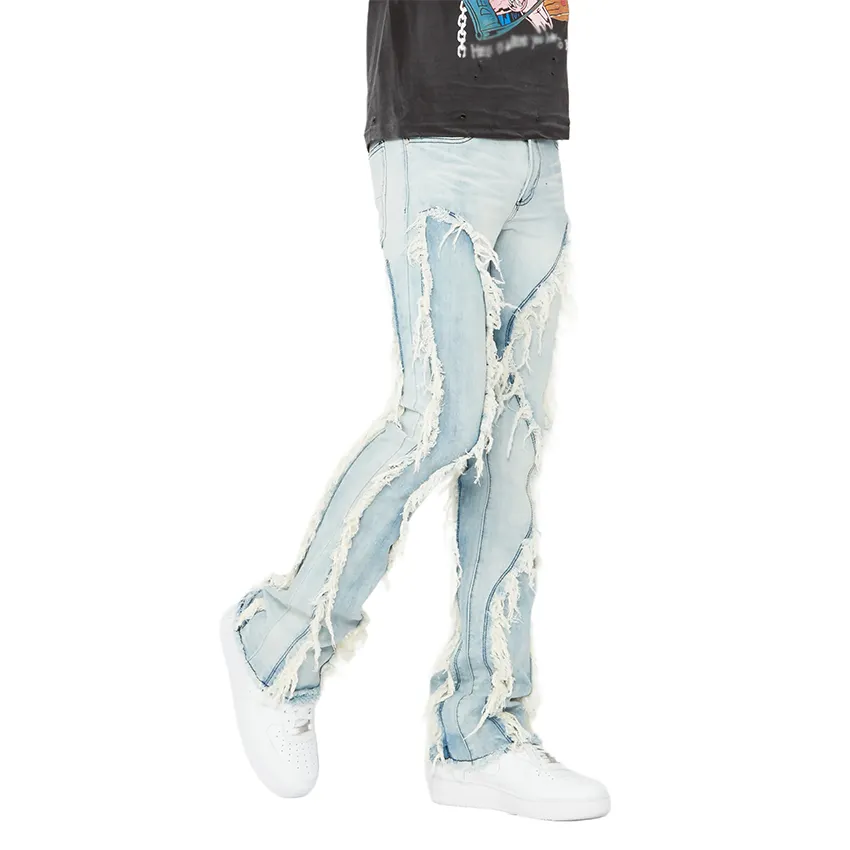 بنطال جينز أزرق مخصص للرجال مغسول مطرز ممزق مع بنطلون جينز مكدس واسع