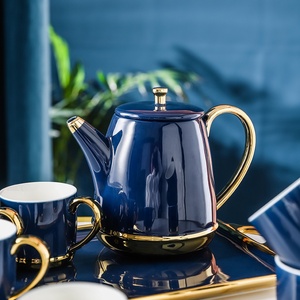 批发茶具和蓝色6个杯子和陶瓷托盘，带金框陶瓷茶具，带泡沫塑料盒和彩色礼品盒 - Product Image 2