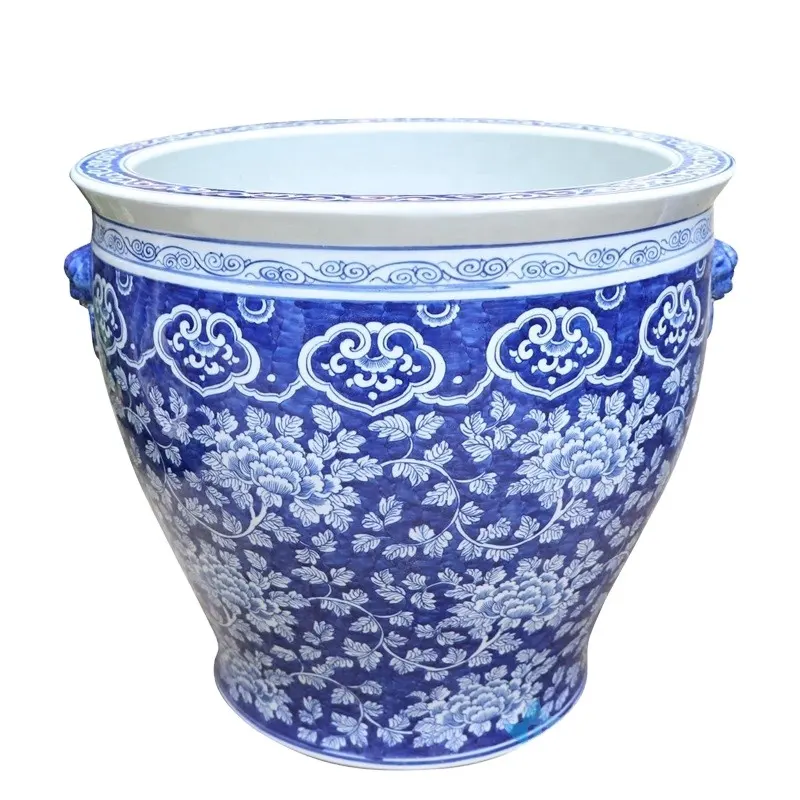 Produk mewah RYLU176-E mangkuk keramik ikan mas desain wintersweet biru kuno dan putih