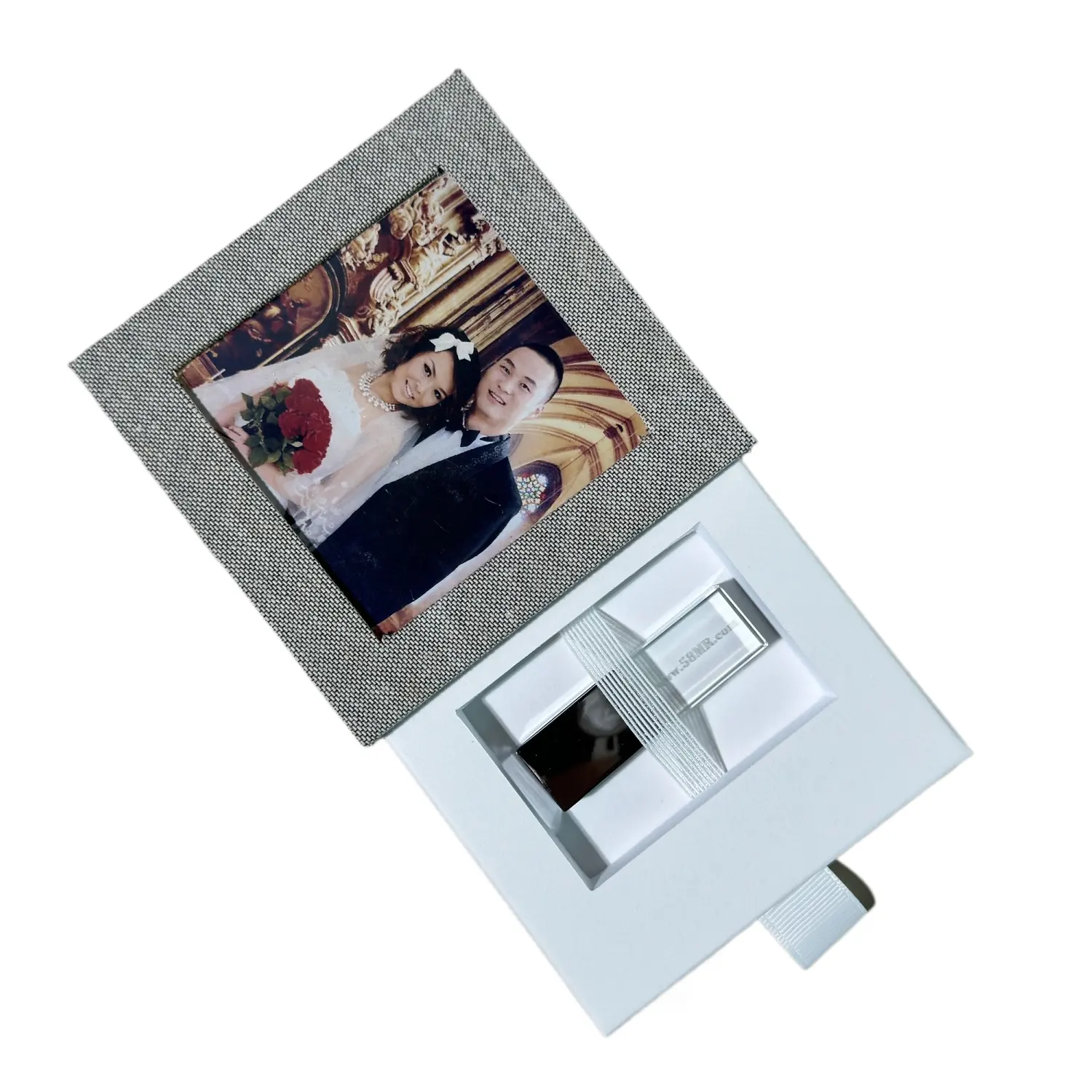 Caixa de gaveta de presente para apresentação de flash drive USB de tecido de veludo personalizado de fábrica, papel e linho de vidro