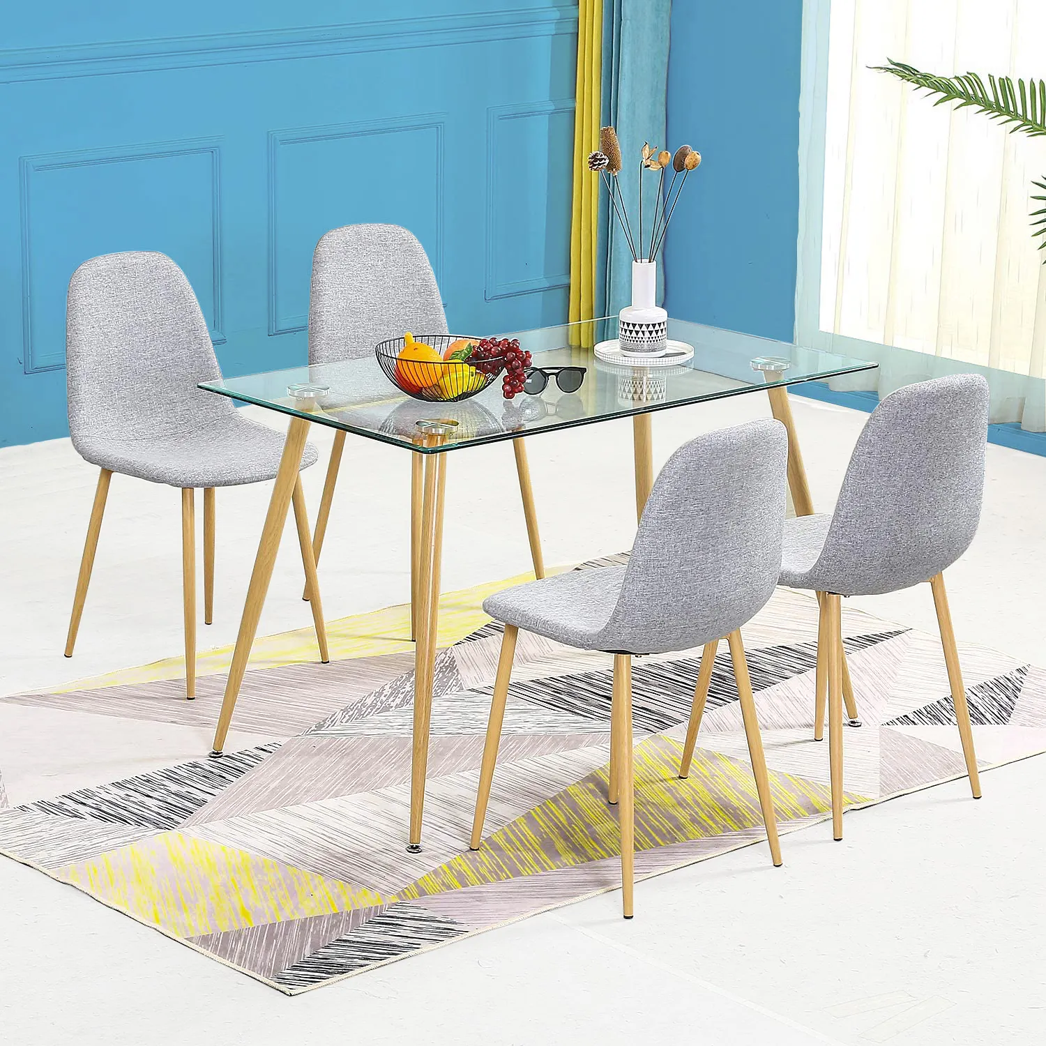 Mesa de sala de jantar, mesa retangular de madeira e vidro de aço inoxidável moderno e dourada para sala de jantar