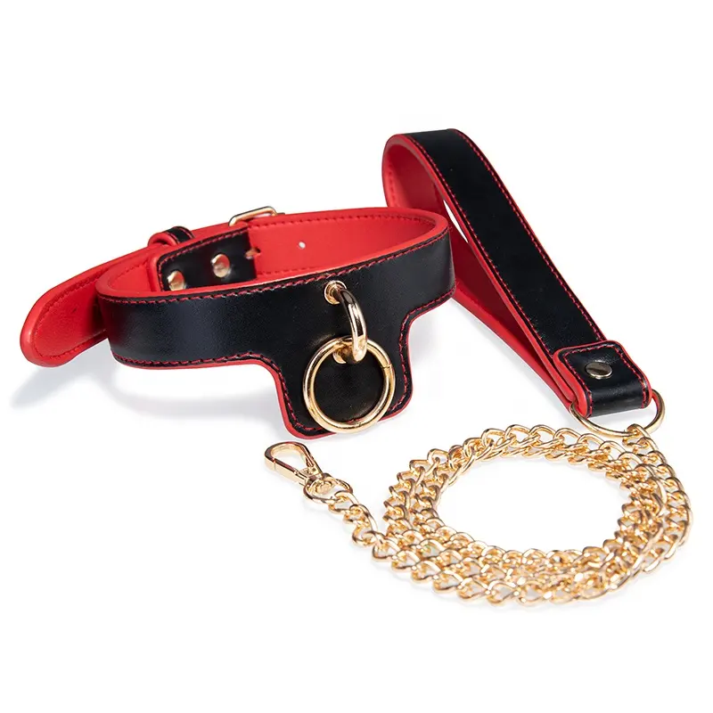 Venta al por mayor adulto SM collar de cuero con cadena de metal para las mujeres Sexy Slave BDSM cuero gargantilla collar Collar para hombre