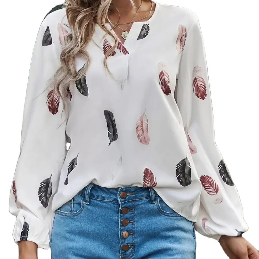 Tops de mujer Venta al por mayor Simple cuello en V Impreso de manga larga Blusa de gasa suelta Top de mujer