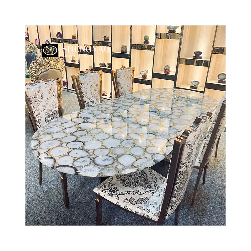 Luxurious Gemstone Furniture White Agate Geode Onyx Dining Table Set