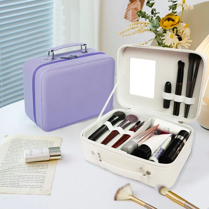 Wholesale 2023 New Travel Makeup Organizer Bolsa de maquillaje Custom Mirror PU leather Make up Cosmetic Bag Case with Mirror