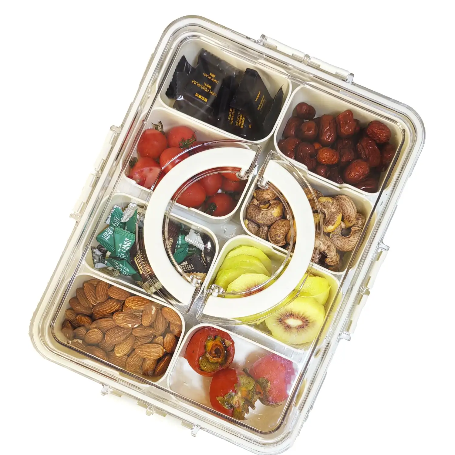 Bandeja para servir aperitivos transparente dividida con tapa y ASA, caja para aperitivos, tabla de charcutería, contenedor, organizador de almacenamiento