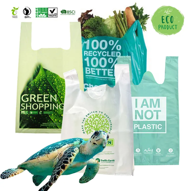 Camiseta de plástico personalizable para supermercado, bolsa de compras biodegradable con logotipo personalizado, ecológico, 100%