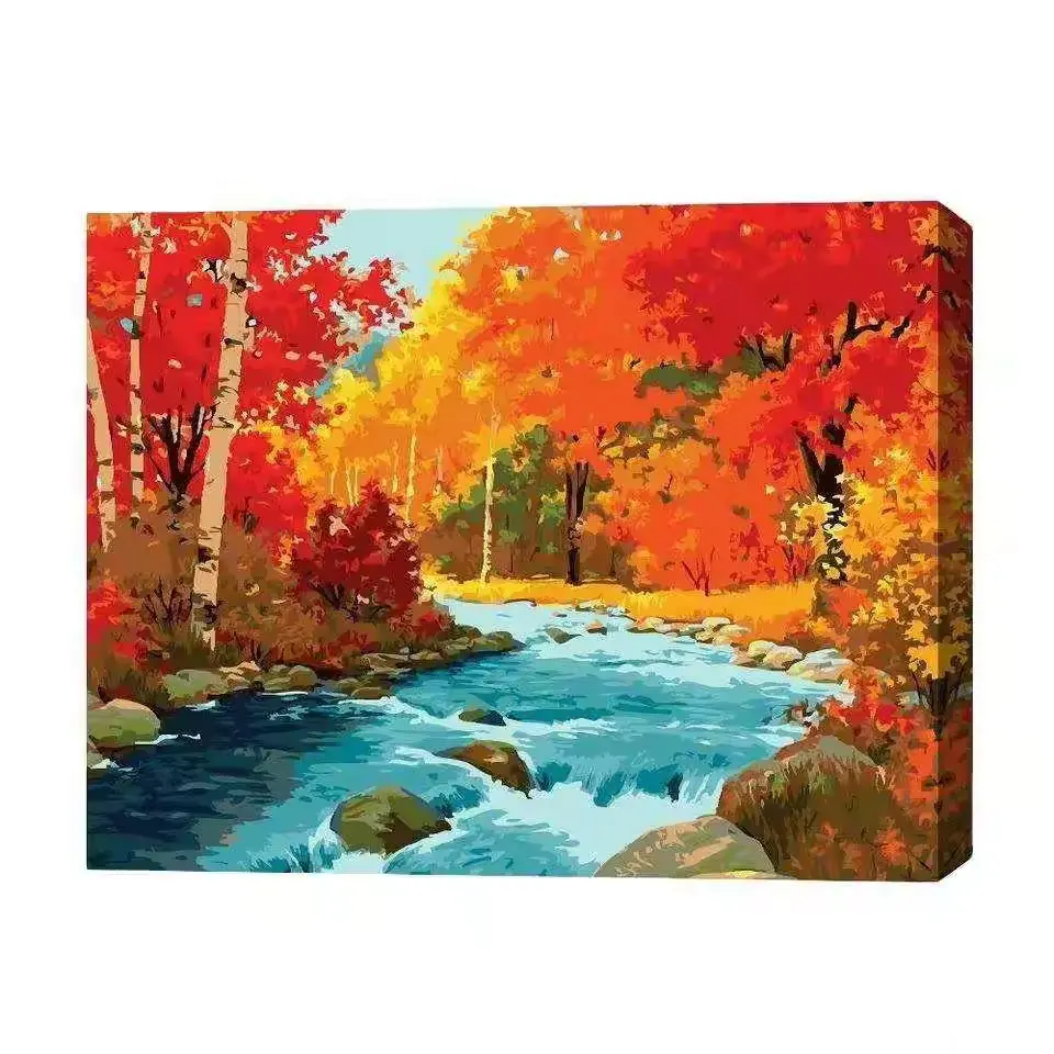 Imagen de tamaño personalizado, paisaje de otoño, camino, hojas rojas, paisaje, paisaje 100%, pintura al óleo acrílica hecha a mano con cuchillo