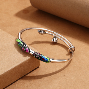 レトロなCloisonneエスニックスタイルロータスブレスレット女性鯉2世代の喜びプッシュプル調整可能なブレスレット