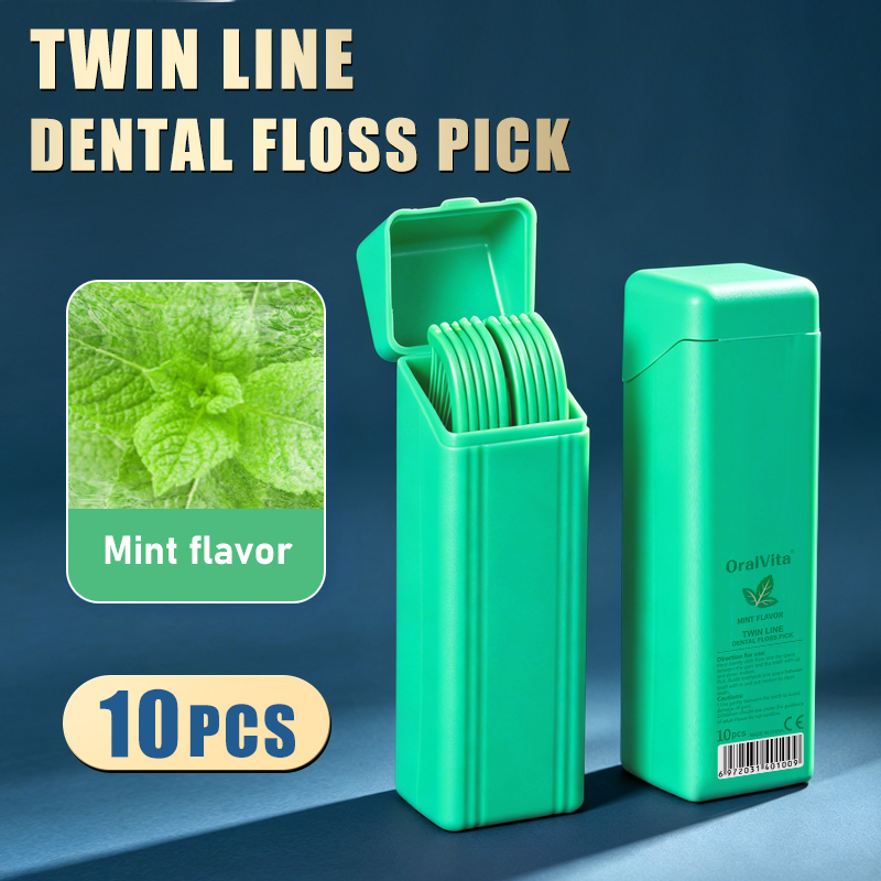 Fil dentaire F double ligne saveur menthe 10 picks/boîte - vert