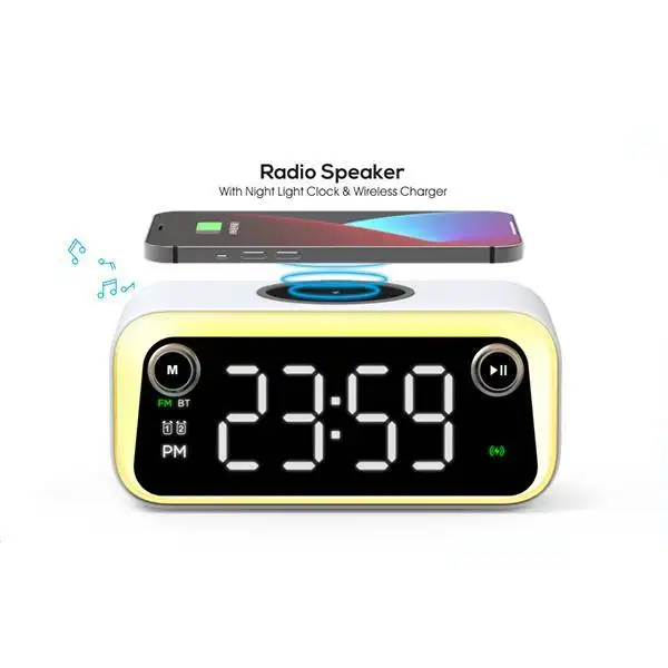 NEW Hot selling 5 in 1 Alarm Clock 15W Wireless Charger with Night Light FM Radio Wireless Speaker