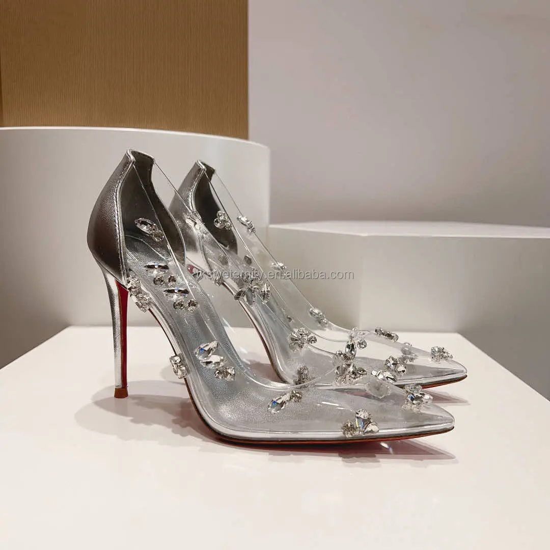 Bezerro Couro Degraqueen Metallic Leather Clear Pointed Bombas Cristal Transparente Vermelho Sole Saltos Rhinestone Mulheres Sexy Shoes