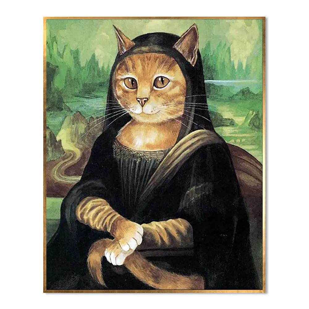 Fatto a mano il gatto Mona Lisa paffuto elegante ornamento di lusso astratto che indossa panno nero pittura a olio su tela di animali ritratti