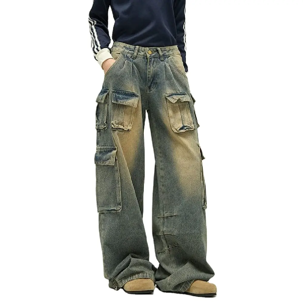 Calça jeans larga larga lavada estilo cargo vintage para homens, calça jeans grande unissex personalizada para homens