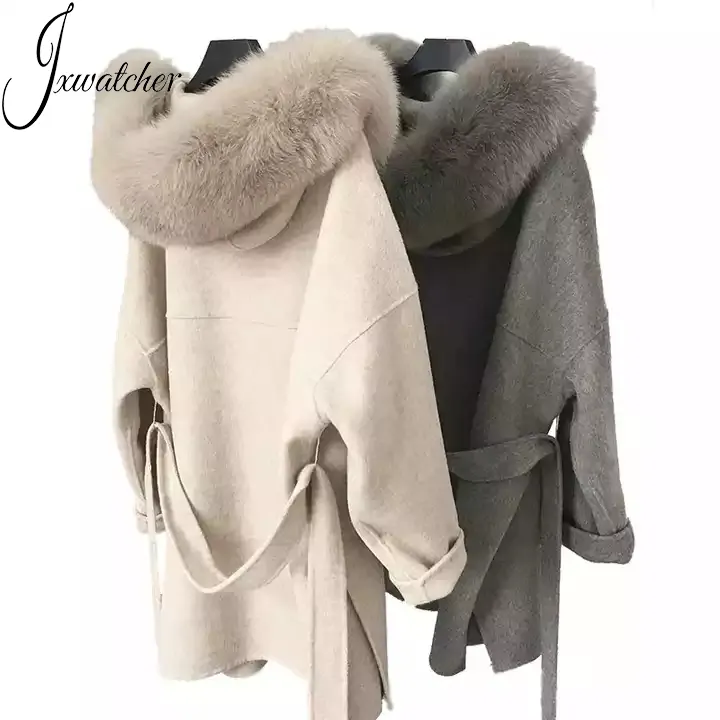 Mao Mao Fur nuovo Design cappotto di cachemire di dimensioni larghe collo di pelliccia di volpe di lusso cintura invernale cappotti di lana con cappuccio Double face Oversize donna