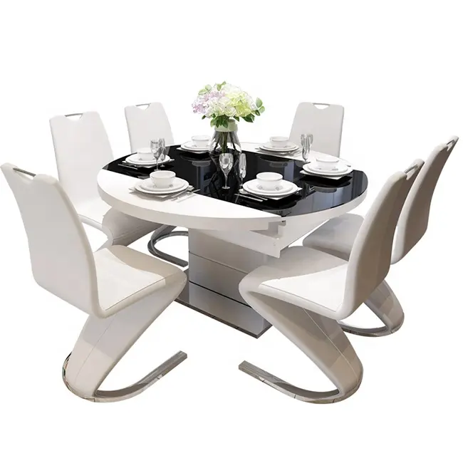 Modern yüksek kaliteli MDF uzanan yuvarlak yemek odası seti uzatılabilir 6/8 koltuk yemek masası ve sandalyeler ayarlamak kare masa
