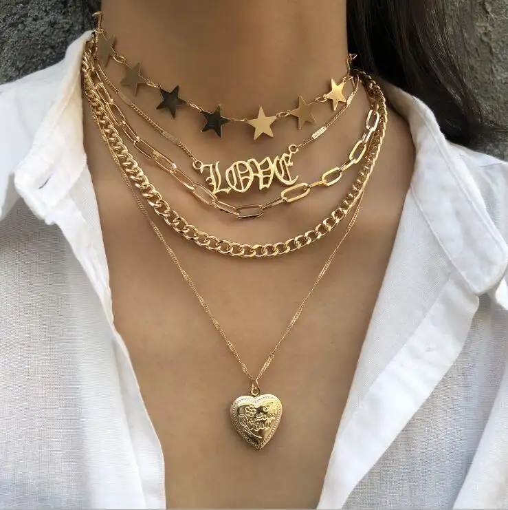 2021 Boho Multi-strato di AMORE della stella geometria Collane Del Pendente Per Le Donne di Fascino Dell'oro di Modo di Catene Della Collana del Metallo Dei Monili