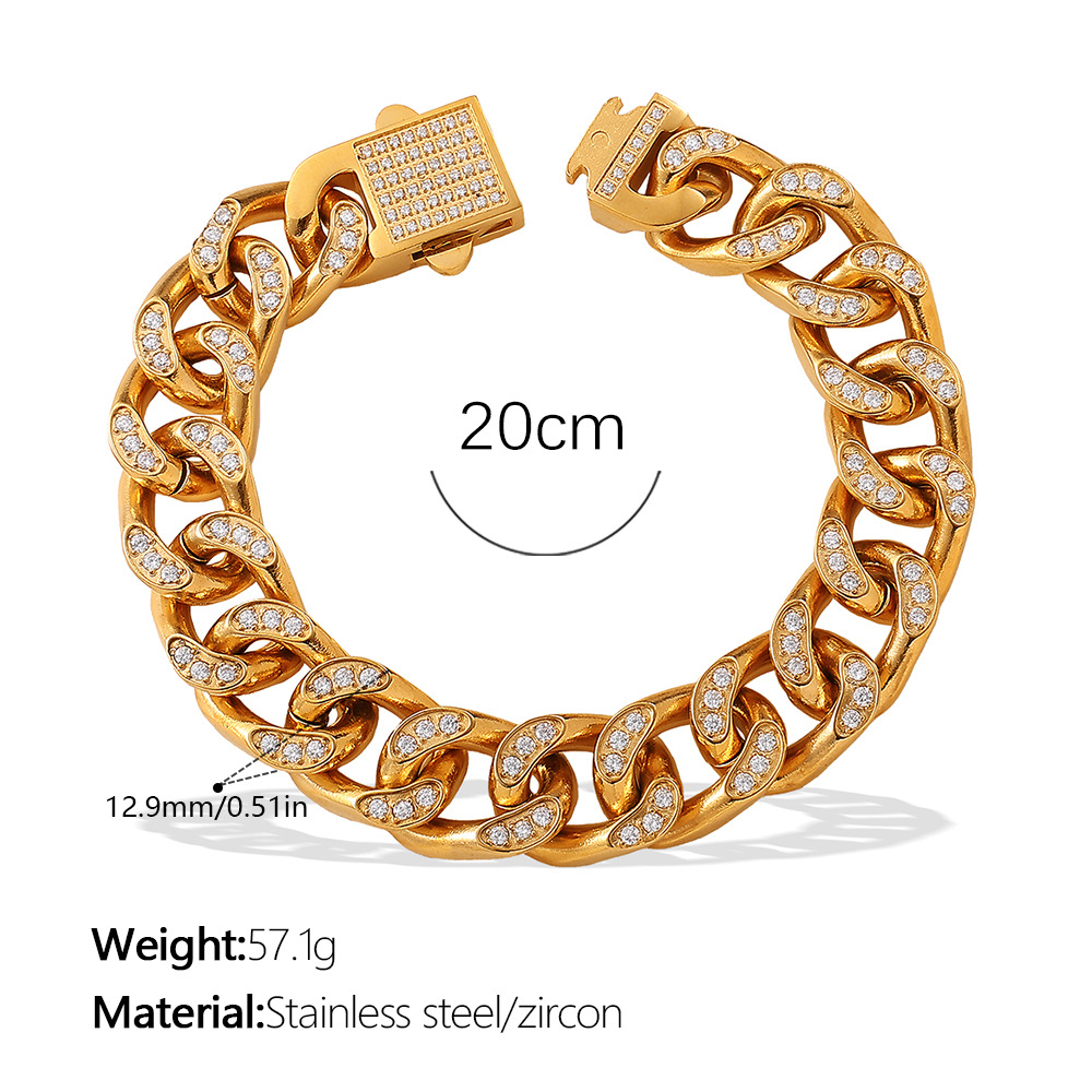 SL435WEG Bracelet cubain en or et zirconium blanc