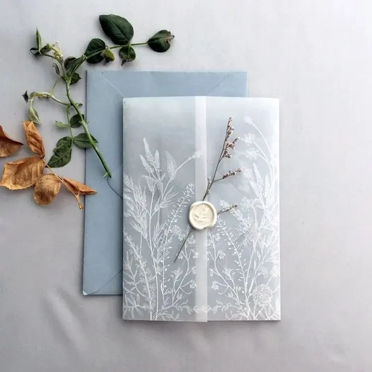 Tarjeta de invitación de boda de papel de terciopelo translúcido con impresión personalizada, venta al por mayor