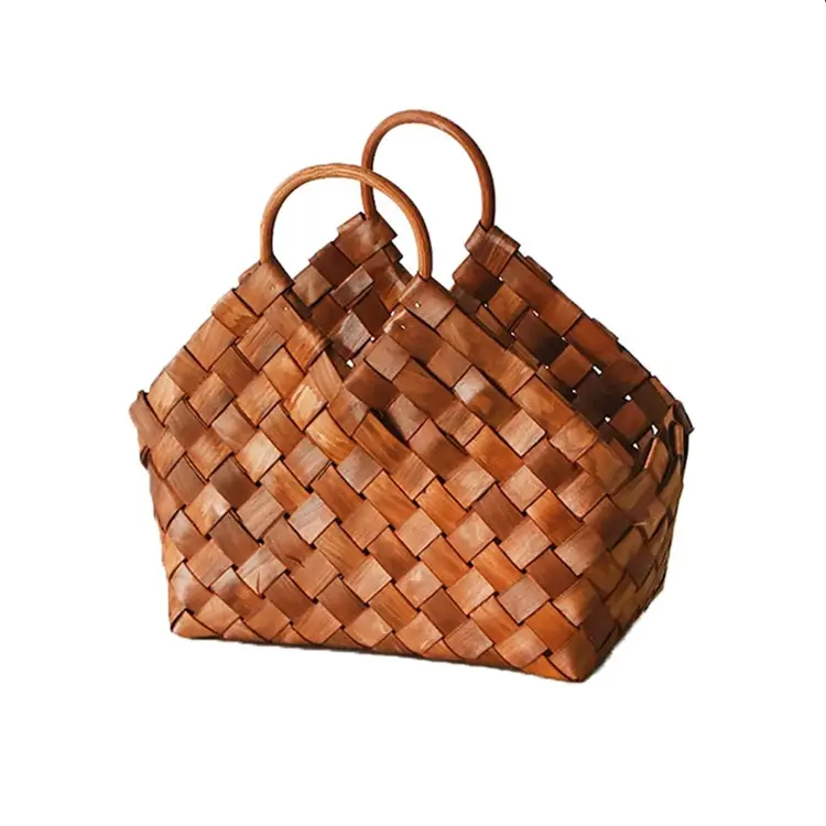 Factory wholesale Modern Large rattan wooden woven Leather Wine Basket Leather Storage PU leather gift hamper basket