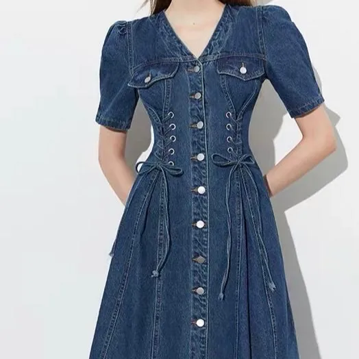 Outono denim vestidos longos 2023 novas roupas femininas com decote em V jean azul vestido curto sem mangas denim