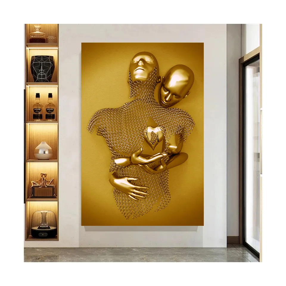 Golden Lovers Statue Canvas Painting Romantic Abstract Wall Art Posters and Prints Modern Living Room Home Decoration Pictures