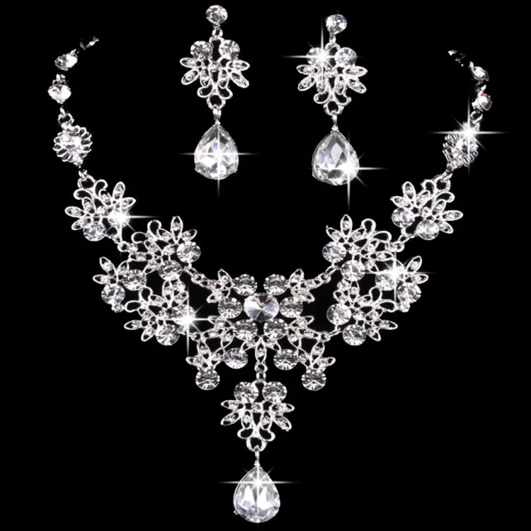 Conjunto de joyería nupcial de cristal de lujo, conjunto de collar y pendientes de boda