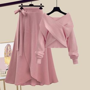 เสื้อสเวตเตอร์คอวีสำหรับผู้หญิงกระโปรงถักเอวสูงชุดสองชิ้นสำหรับฤดูใบไม้ร่วง - Product Image 1