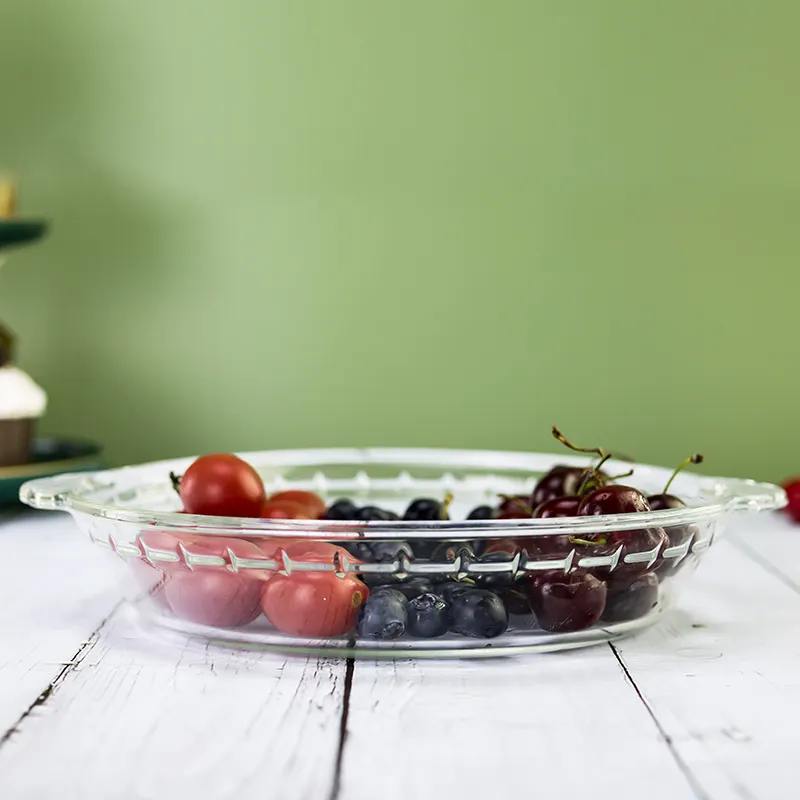 Vaisselle ronde en verre résistant à la chaleur précise en usine pour l'affichage de cuisine de plat en verre de plat de nourriture et de fruits