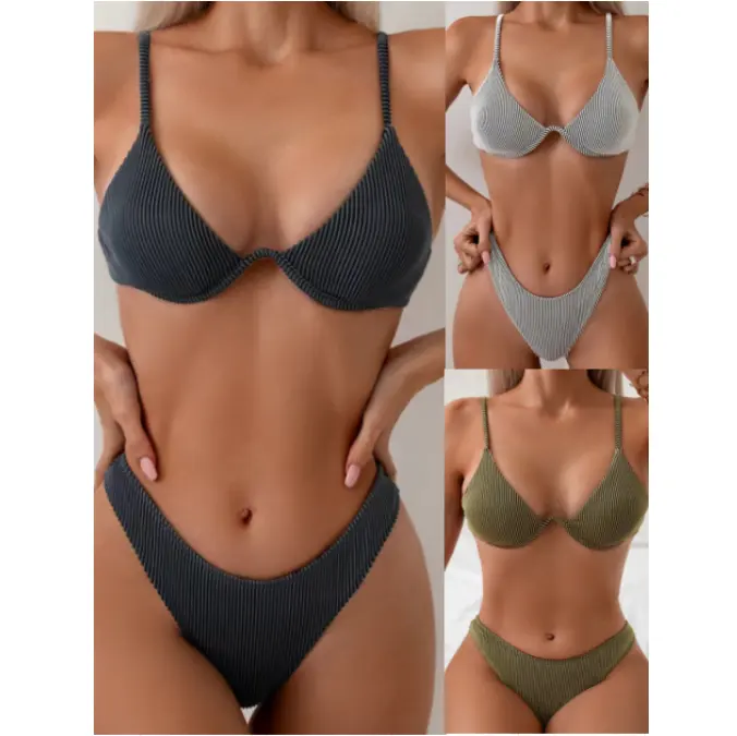 Women 2024 Swimwear Designer Solid Ribbed Beachwear Custom Two Piece Sexy Bikini Sets