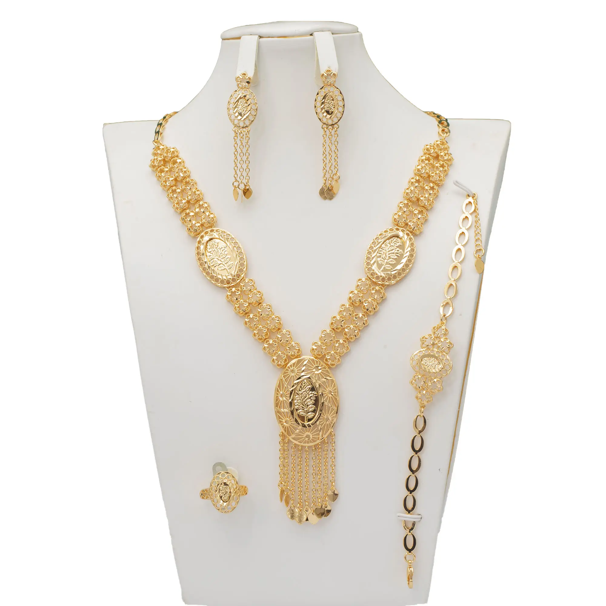 Conjunto de joyería italiana chapado en oro de 18 quilates, último conjunto de joyería de dama de honor para collar de soporte de exhibición de joyería de boda