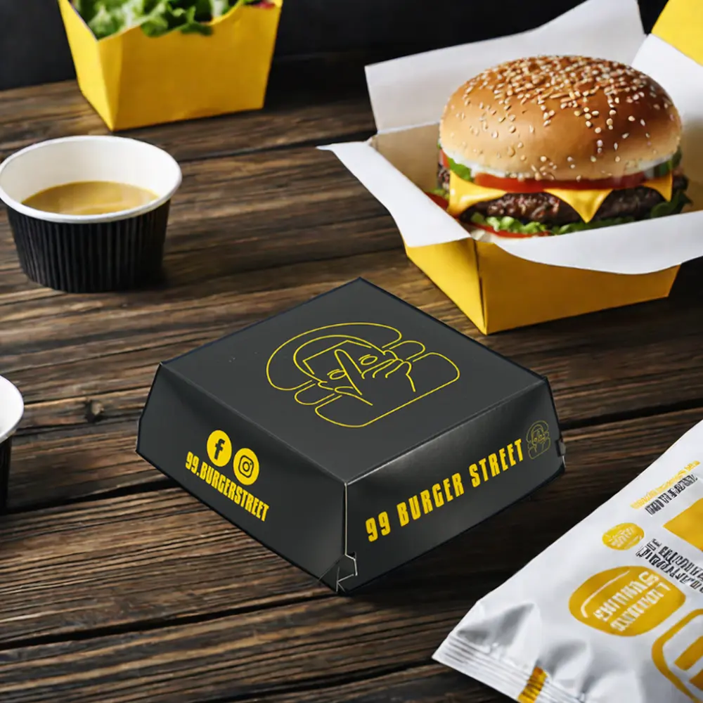 Kustom Dicetak Anak-anak Makanan Ringan Set Hamburger Burger Makanan Cepat Saji Wadah Kertas untuk Kentang Goreng Ayam Sayap Kotak Kemasan