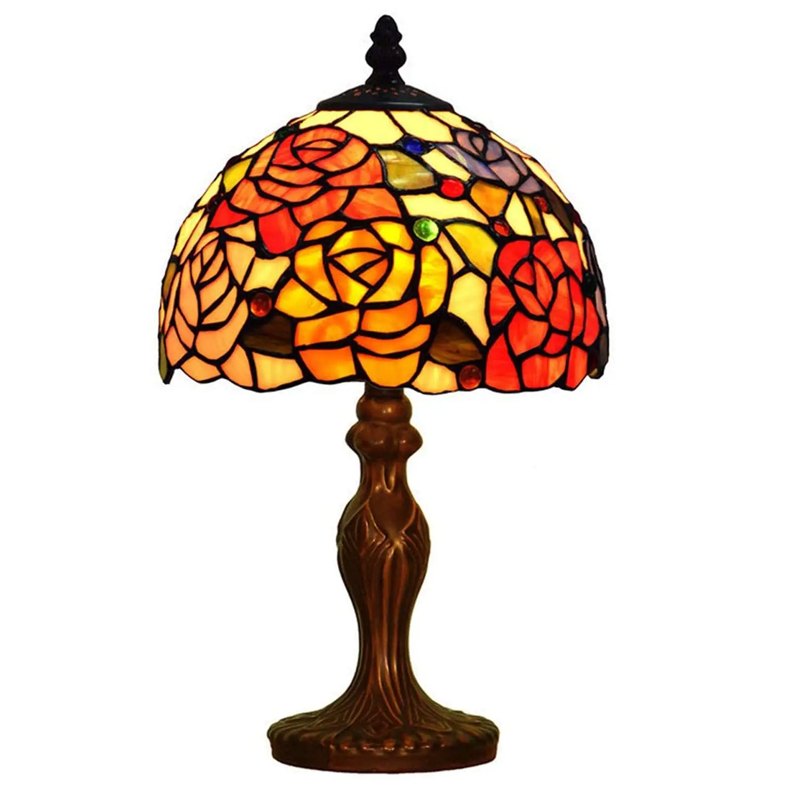 Estilo Tiffany Table Lamp Handmade Rose Vitral Desk Light Antique Alloy Base para Sala Quarto Escritório Bedside