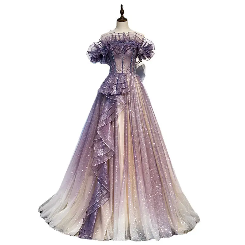 Luxury purple beading glitter ruffled evening dress royal queen long dress medieval renaissance victoria ball gown