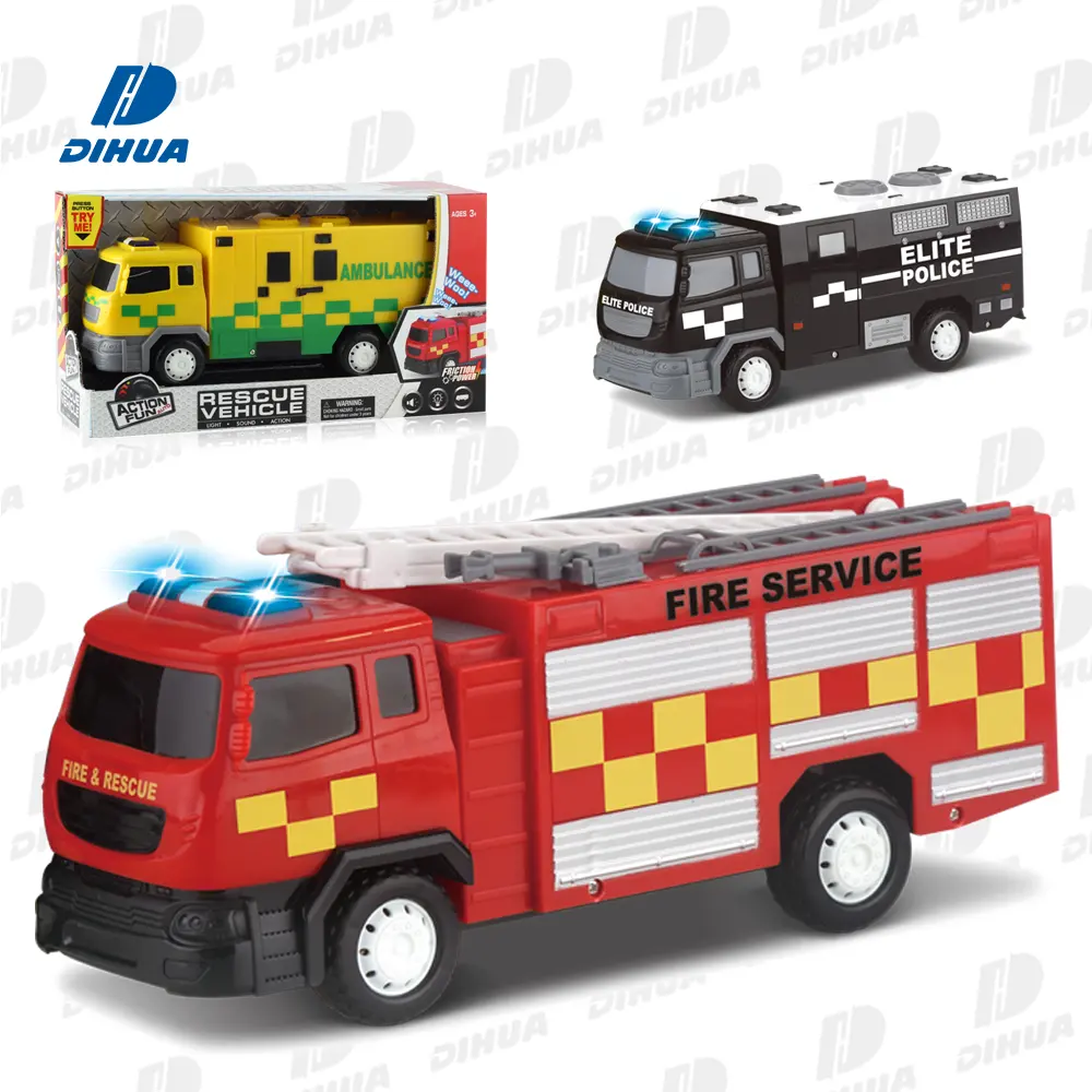 Vehículo de rescate de Ciudad de juguete ambulancia, camión de bomberos, modelo de potencia de fricción coche de policía con luces y sonido para niños 3xAG13 incluido