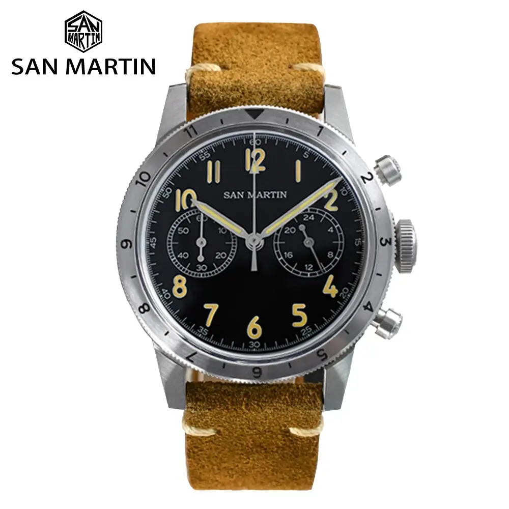 Precio de fábrica San Martin Vintage Pilot VK64 cuarzo Bidireccional Bisel Cronógrafo Luminoso reloj de acero inoxidable hombre para la venta