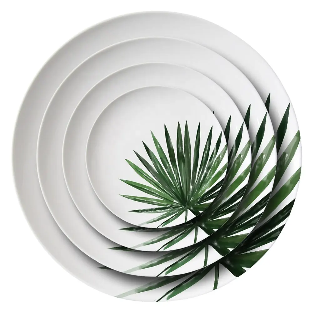 Высококачественные недорогие обеденные тарелки из костяного фарфора, китайский дизайн с зелеными листьями, набор керамической посуды