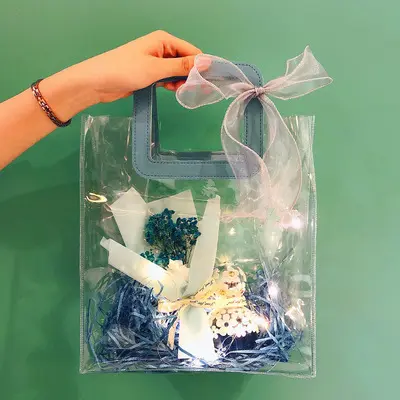 شفافة PVC حقيبة يد مخصصة الزفاف الحلوى اليد هدية حقيبة بلاستيكية الزهور مستحضرات التجميل بو مقبض حقيبة
