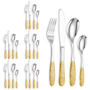 Hot <strong>Selling</strong> Emed Handle Stainless Steel <strong>Flatware</strong> for 6 People Fork Spoon Sierware 24 Pcs Wedding Gold Cutlery Set