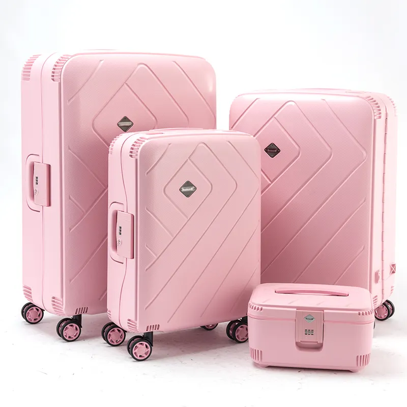 पीपी कस्टम मेड पर ले जाने के लिए हल्के गुलाबी सामान सूटकेस ट्रॉली 4 PCS यात्रा सामान सेट के साथ रोलिंग सामान कॉस्मेटिक मामले