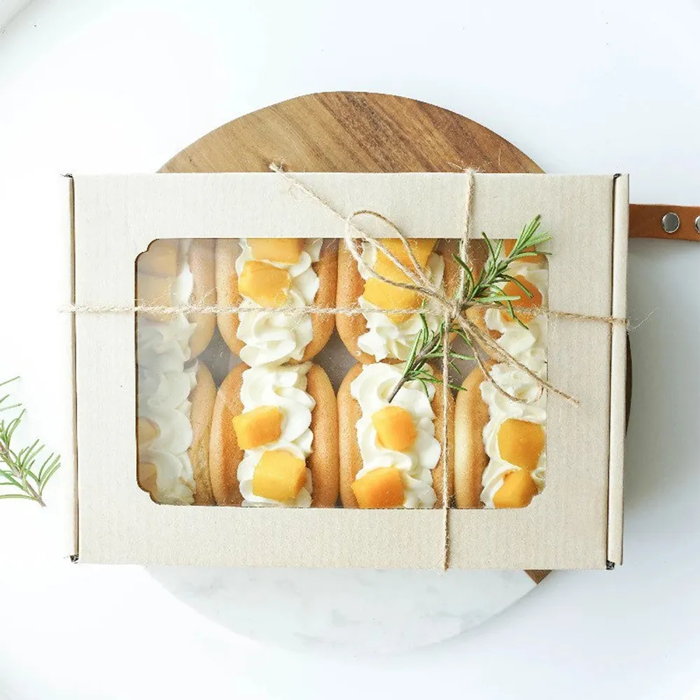 Boîtes de boulangerie en carton ondulé/Prix Boîte à gâteaux rectangulaire en carton kraft/Coffrets cadeaux biscuits avec fenêtre transparente et couvercle