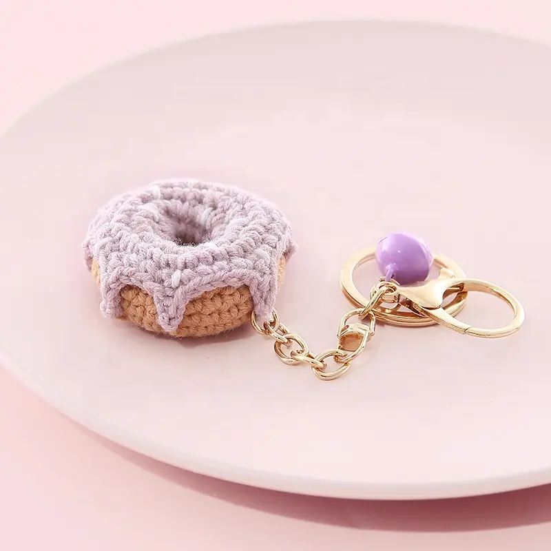 Promotional Keychains Embroidery Stitch Yarn Food Donuts Cute Kawaii Cartoon Key Chain with Carabiner and Key Ring Accessories
