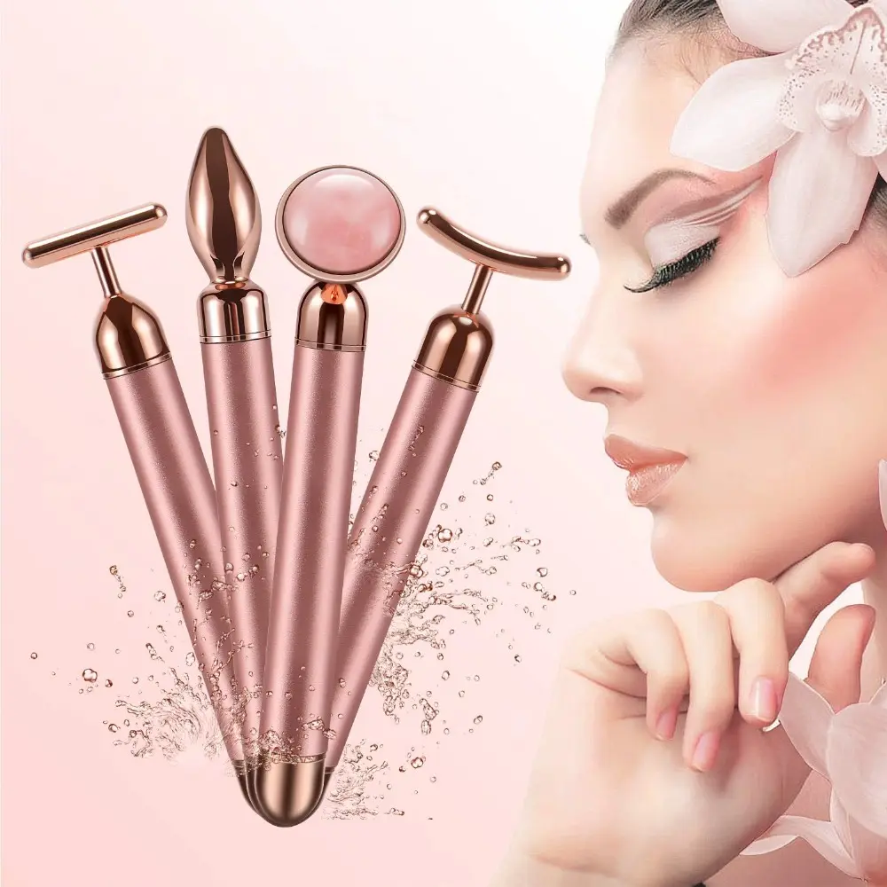 Beauty Bar 24k Golden Pulse Face Massager Electric Jade Roller massaggiatore facciale quarzo rosa